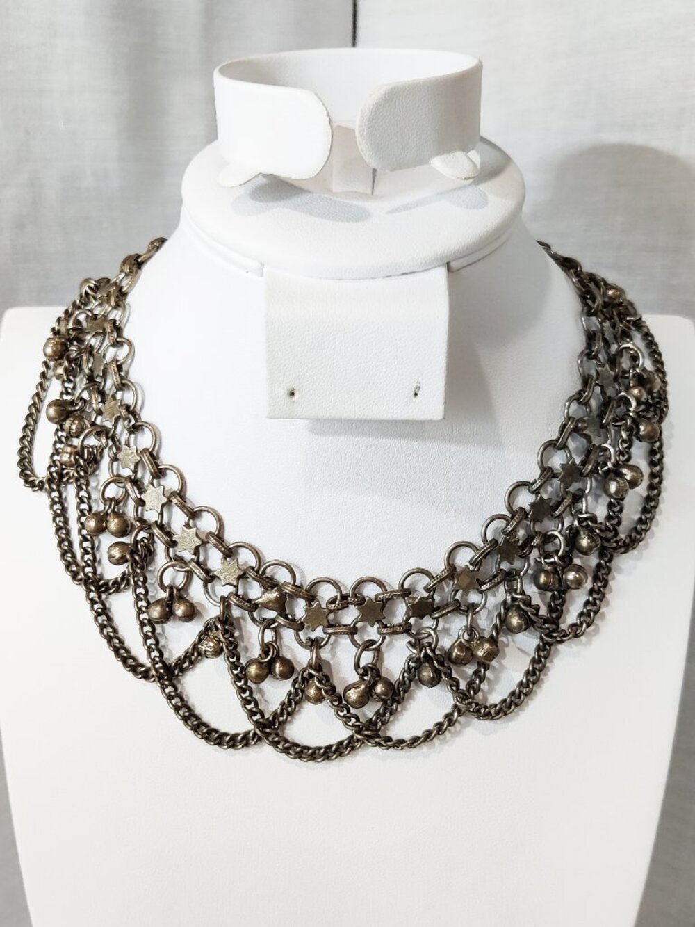 Handcrafted Tribal Style Silver Tone Chain Bib Necklace
